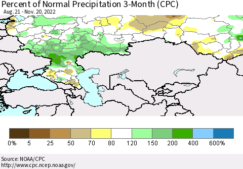 Russian Federation Percent of Normal Precipitation 3-Month (CPC) Thematic Map For 8/21/2022 - 11/20/2022