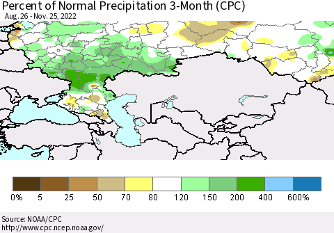 Russian Federation Percent of Normal Precipitation 3-Month (CPC) Thematic Map For 8/26/2022 - 11/25/2022