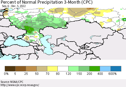 Russian Federation Percent of Normal Precipitation 3-Month (CPC) Thematic Map For 9/6/2022 - 12/5/2022