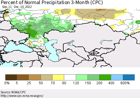 Russian Federation Percent of Normal Precipitation 3-Month (CPC) Thematic Map For 9/11/2022 - 12/10/2022