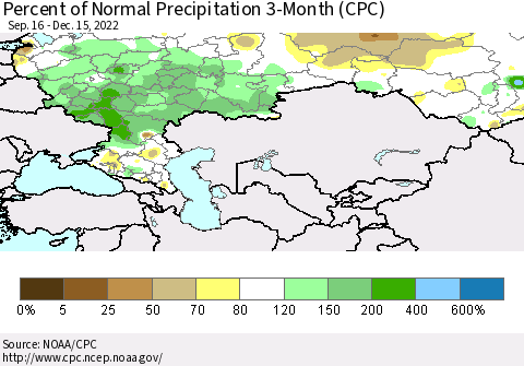 Russian Federation Percent of Normal Precipitation 3-Month (CPC) Thematic Map For 9/16/2022 - 12/15/2022