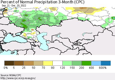 Russian Federation Percent of Normal Precipitation 3-Month (CPC) Thematic Map For 9/21/2022 - 12/20/2022