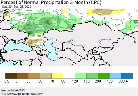 Russian Federation Percent of Normal Precipitation 3-Month (CPC) Thematic Map For 9/26/2022 - 12/25/2022