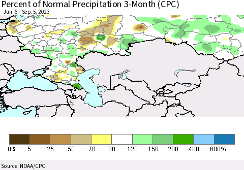 Russian Federation Percent of Normal Precipitation 3-Month (CPC) Thematic Map For 6/6/2023 - 9/5/2023