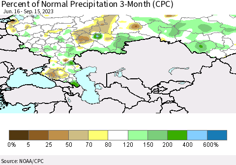 Russian Federation Percent of Normal Precipitation 3-Month (CPC) Thematic Map For 6/16/2023 - 9/15/2023