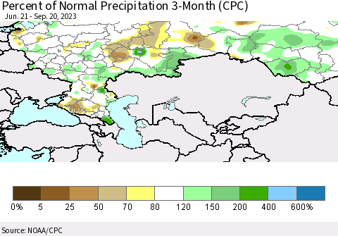 Russian Federation Percent of Normal Precipitation 3-Month (CPC) Thematic Map For 6/21/2023 - 9/20/2023