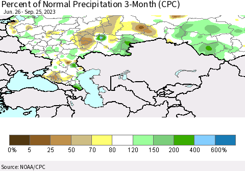 Russian Federation Percent of Normal Precipitation 3-Month (CPC) Thematic Map For 6/26/2023 - 9/25/2023