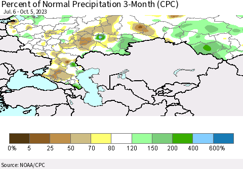 Russian Federation Percent of Normal Precipitation 3-Month (CPC) Thematic Map For 7/6/2023 - 10/5/2023