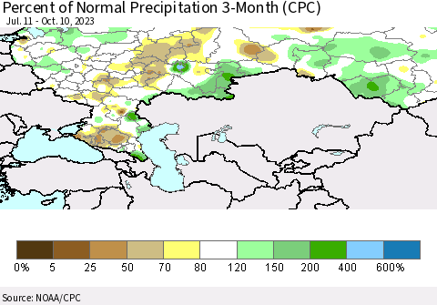 Russian Federation Percent of Normal Precipitation 3-Month (CPC) Thematic Map For 7/11/2023 - 10/10/2023