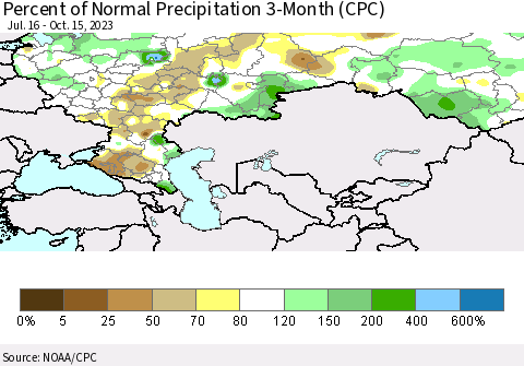Russian Federation Percent of Normal Precipitation 3-Month (CPC) Thematic Map For 7/16/2023 - 10/15/2023
