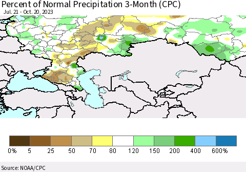 Russian Federation Percent of Normal Precipitation 3-Month (CPC) Thematic Map For 7/21/2023 - 10/20/2023