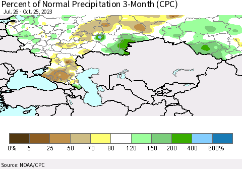 Russian Federation Percent of Normal Precipitation 3-Month (CPC) Thematic Map For 7/26/2023 - 10/25/2023