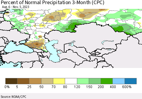 Russian Federation Percent of Normal Precipitation 3-Month (CPC) Thematic Map For 8/6/2023 - 11/5/2023
