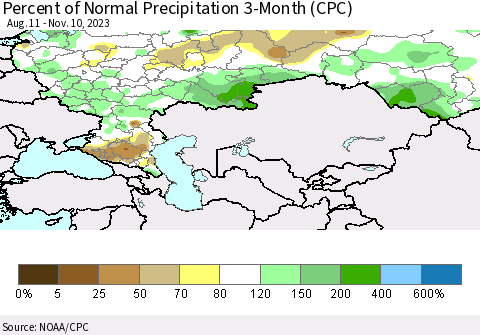 Russian Federation Percent of Normal Precipitation 3-Month (CPC) Thematic Map For 8/11/2023 - 11/10/2023