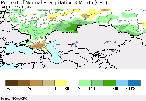 Russian Federation Percent of Normal Precipitation 3-Month (CPC) Thematic Map For 8/16/2023 - 11/15/2023