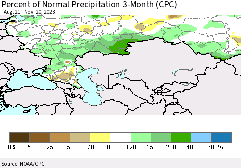 Russian Federation Percent of Normal Precipitation 3-Month (CPC) Thematic Map For 8/21/2023 - 11/20/2023