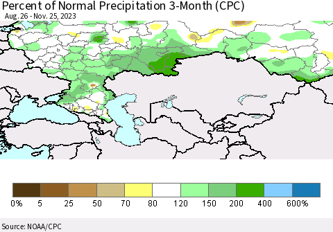 Russian Federation Percent of Normal Precipitation 3-Month (CPC) Thematic Map For 8/26/2023 - 11/25/2023