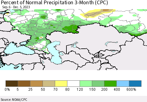 Russian Federation Percent of Normal Precipitation 3-Month (CPC) Thematic Map For 9/6/2023 - 12/5/2023