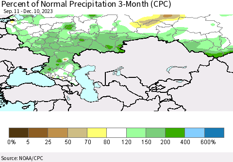 Russian Federation Percent of Normal Precipitation 3-Month (CPC) Thematic Map For 9/11/2023 - 12/10/2023