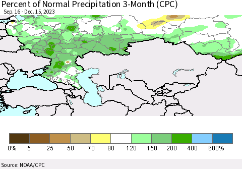 Russian Federation Percent of Normal Precipitation 3-Month (CPC) Thematic Map For 9/16/2023 - 12/15/2023