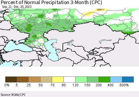 Russian Federation Percent of Normal Precipitation 3-Month (CPC) Thematic Map For 9/21/2023 - 12/20/2023