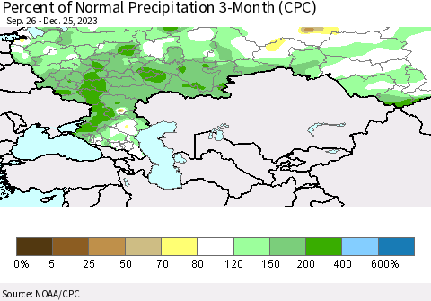 Russian Federation Percent of Normal Precipitation 3-Month (CPC) Thematic Map For 9/26/2023 - 12/25/2023