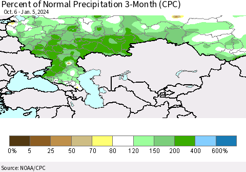 Russian Federation Percent of Normal Precipitation 3-Month (CPC) Thematic Map For 10/6/2023 - 1/5/2024