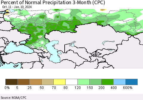 Russian Federation Percent of Normal Precipitation 3-Month (CPC) Thematic Map For 10/11/2023 - 1/10/2024