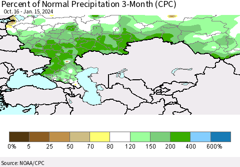 Russian Federation Percent of Normal Precipitation 3-Month (CPC) Thematic Map For 10/16/2023 - 1/15/2024