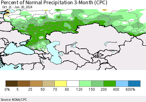 Russian Federation Percent of Normal Precipitation 3-Month (CPC) Thematic Map For 10/21/2023 - 1/20/2024