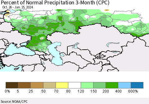 Russian Federation Percent of Normal Precipitation 3-Month (CPC) Thematic Map For 10/26/2023 - 1/25/2024