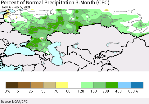 Russian Federation Percent of Normal Precipitation 3-Month (CPC) Thematic Map For 11/6/2023 - 2/5/2024
