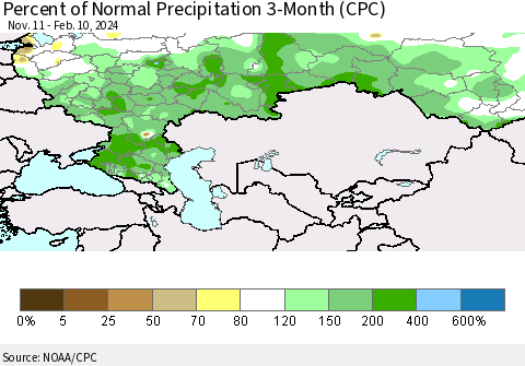 Russian Federation Percent of Normal Precipitation 3-Month (CPC) Thematic Map For 11/11/2023 - 2/10/2024
