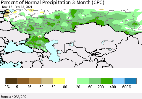 Russian Federation Percent of Normal Precipitation 3-Month (CPC) Thematic Map For 11/16/2023 - 2/15/2024