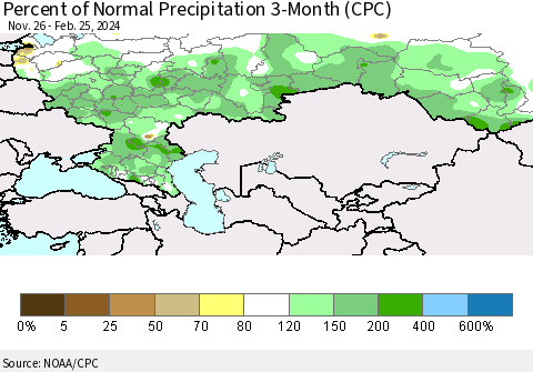 Russian Federation Percent of Normal Precipitation 3-Month (CPC) Thematic Map For 11/26/2023 - 2/25/2024
