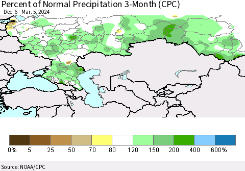 Russian Federation Percent of Normal Precipitation 3-Month (CPC) Thematic Map For 12/6/2023 - 3/5/2024