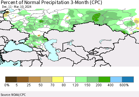 Russian Federation Percent of Normal Precipitation 3-Month (CPC) Thematic Map For 12/11/2023 - 3/10/2024