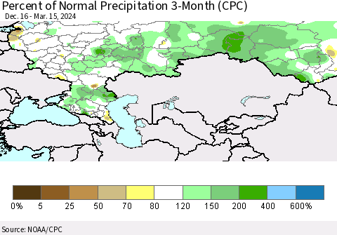 Russian Federation Percent of Normal Precipitation 3-Month (CPC) Thematic Map For 12/16/2023 - 3/15/2024