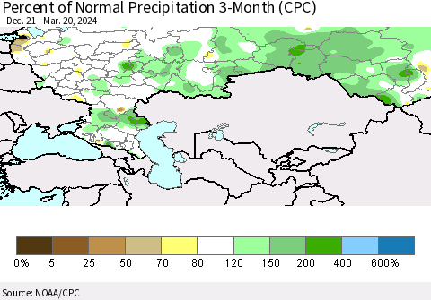 Russian Federation Percent of Normal Precipitation 3-Month (CPC) Thematic Map For 12/21/2023 - 3/20/2024