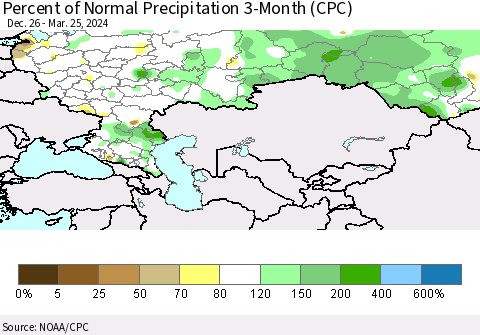 Russian Federation Percent of Normal Precipitation 3-Month (CPC) Thematic Map For 12/26/2023 - 3/25/2024