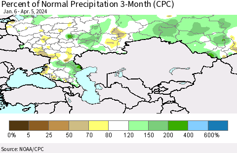 Russian Federation Percent of Normal Precipitation 3-Month (CPC) Thematic Map For 1/6/2024 - 4/5/2024