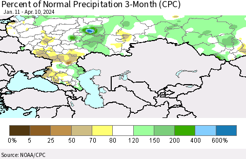Russian Federation Percent of Normal Precipitation 3-Month (CPC) Thematic Map For 1/11/2024 - 4/10/2024