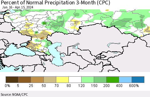 Russian Federation Percent of Normal Precipitation 3-Month (CPC) Thematic Map For 1/16/2024 - 4/15/2024