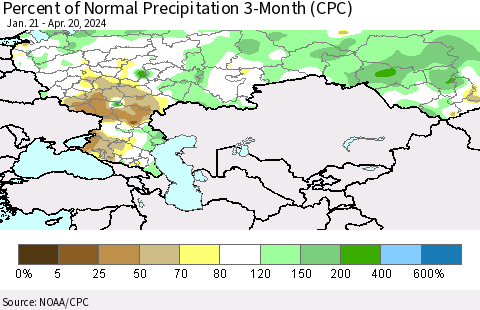 Russian Federation Percent of Normal Precipitation 3-Month (CPC) Thematic Map For 1/21/2024 - 4/20/2024