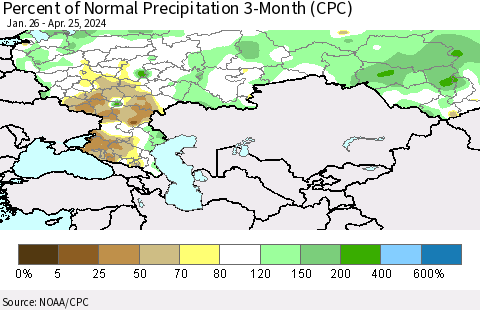 Russian Federation Percent of Normal Precipitation 3-Month (CPC) Thematic Map For 1/26/2024 - 4/25/2024