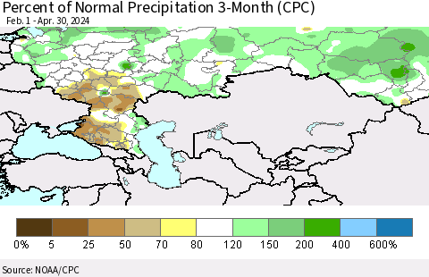 Russian Federation Percent of Normal Precipitation 3-Month (CPC) Thematic Map For 2/1/2024 - 4/30/2024