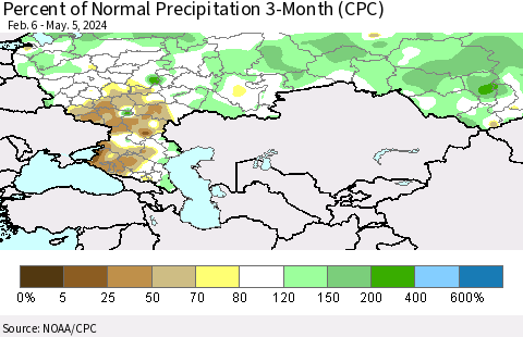 Russian Federation Percent of Normal Precipitation 3-Month (CPC) Thematic Map For 2/6/2024 - 5/5/2024