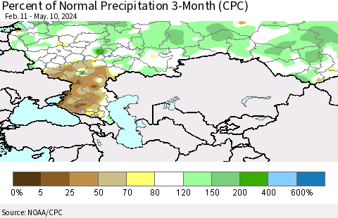 Russian Federation Percent of Normal Precipitation 3-Month (CPC) Thematic Map For 2/11/2024 - 5/10/2024