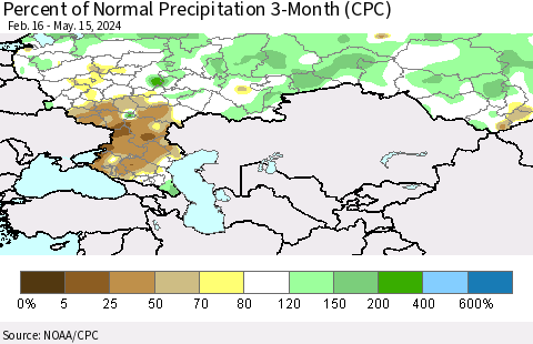 Russian Federation Percent of Normal Precipitation 3-Month (CPC) Thematic Map For 2/16/2024 - 5/15/2024