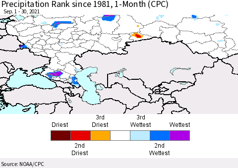 Russian Federation Precipitation Rank since 1981, 1-Month (CPC) Thematic Map For 9/1/2021 - 9/30/2021